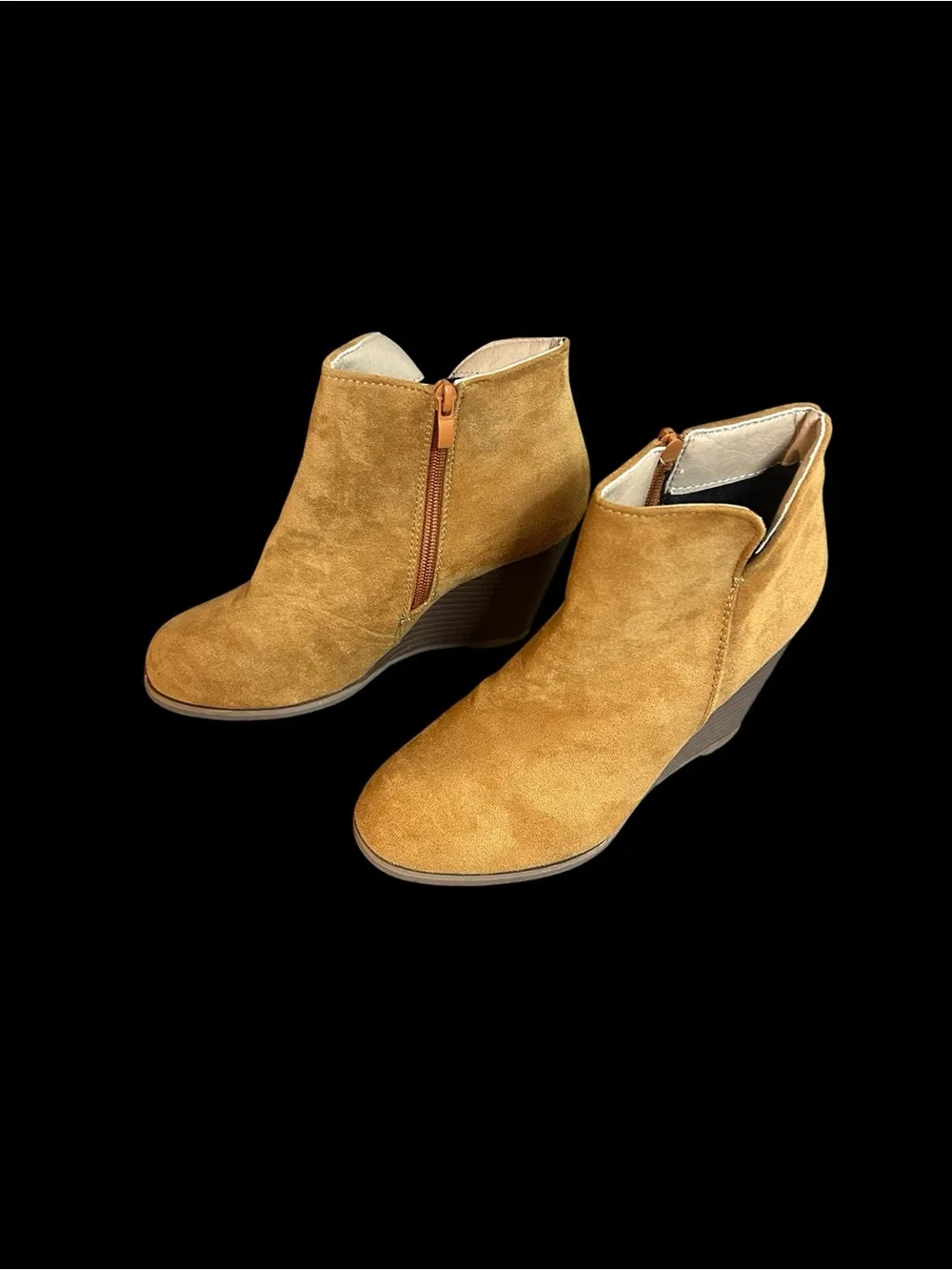 Women's Tan Suede Wedge Ankle Booties with Side Zip